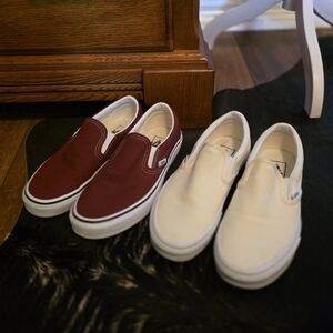 Vans 2 Pair, Burgandy And Cream Color Slip Ons, Women's 7, Men's 5.5